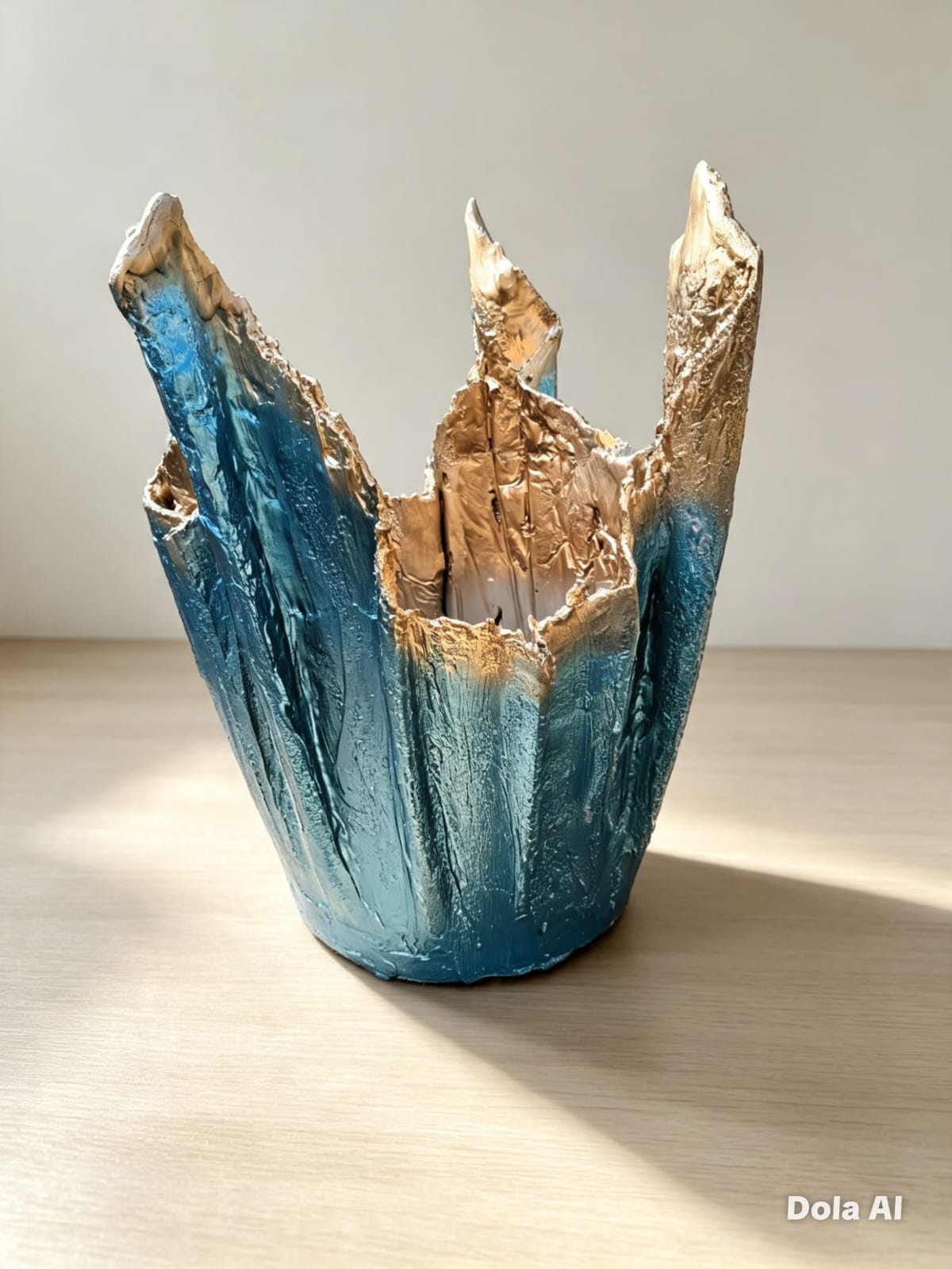 Teal patina flower pot with gold torn crown edges on a wooden table