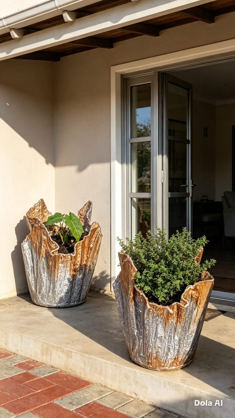 Silver and copper flower pots on a patio beside a doorway